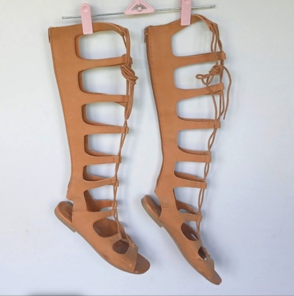 Gladiator Sandals Tan Faux Leather Lace Up Knee High Summer Shoes 8.5 - Picture 1 of 5